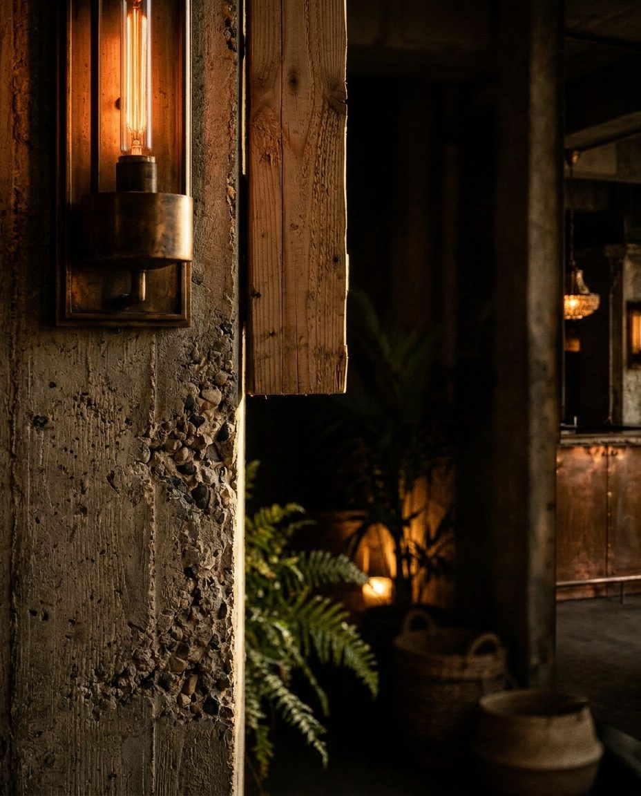 A concrete doorway lit by a single sconce